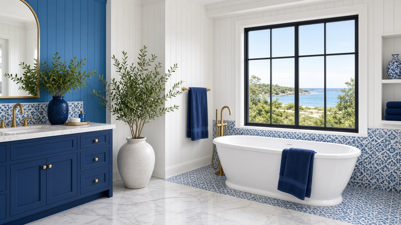 White Hamptons bathroom with navy towels and greenery.