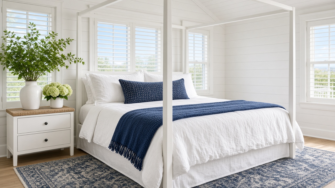 Hamptons bedroom with navy linen and white shutters.