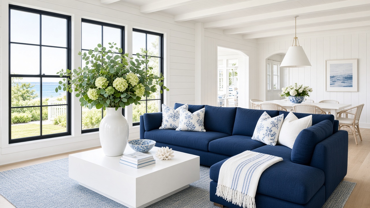Hamptons living room with a navy sofa and white hydrangeas.