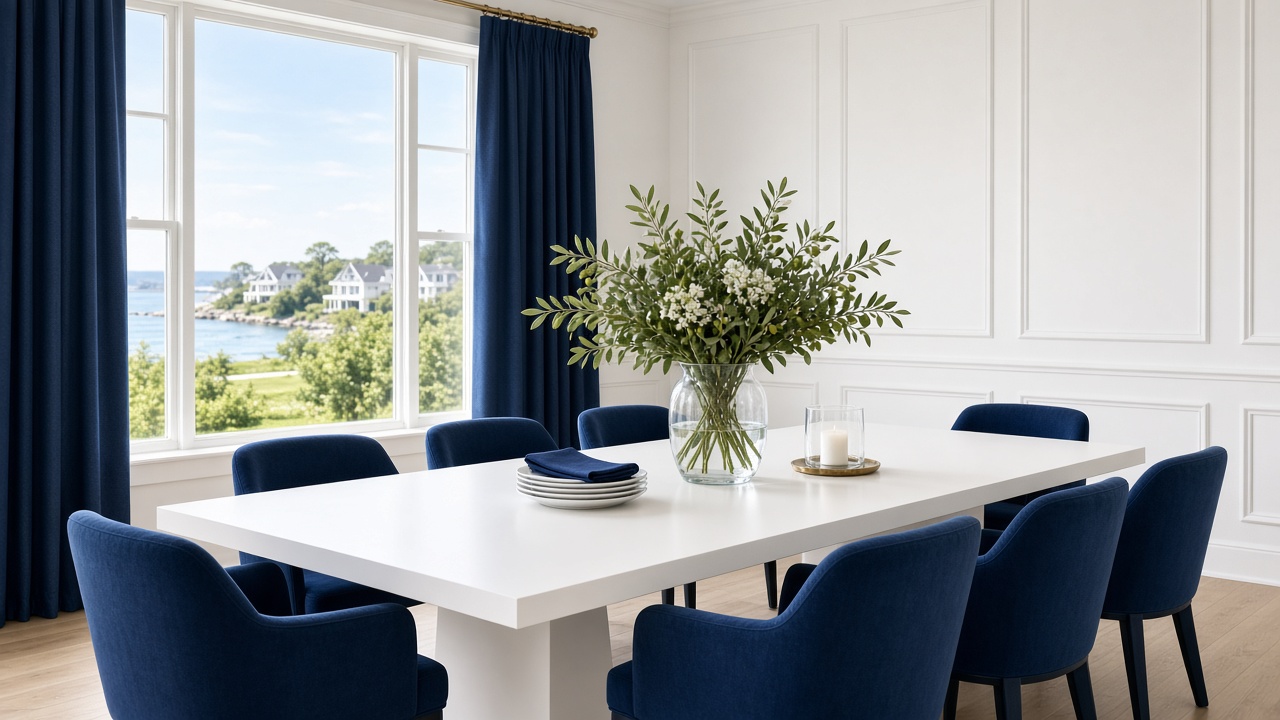 Meeting room with navy chairs and a green centrepiece.